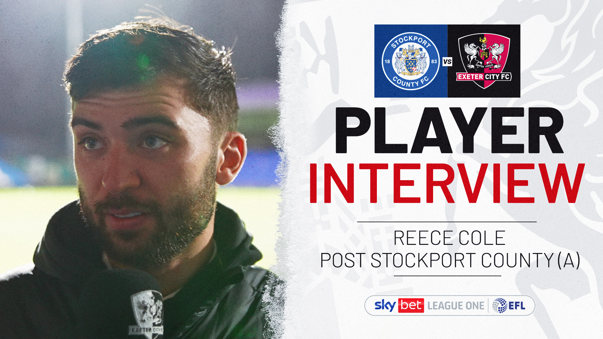 Graphic reads: PLAYER INTERVIEW / REECE COLE POST STOCKPORT COUNTY (A). Image of Reece on the left