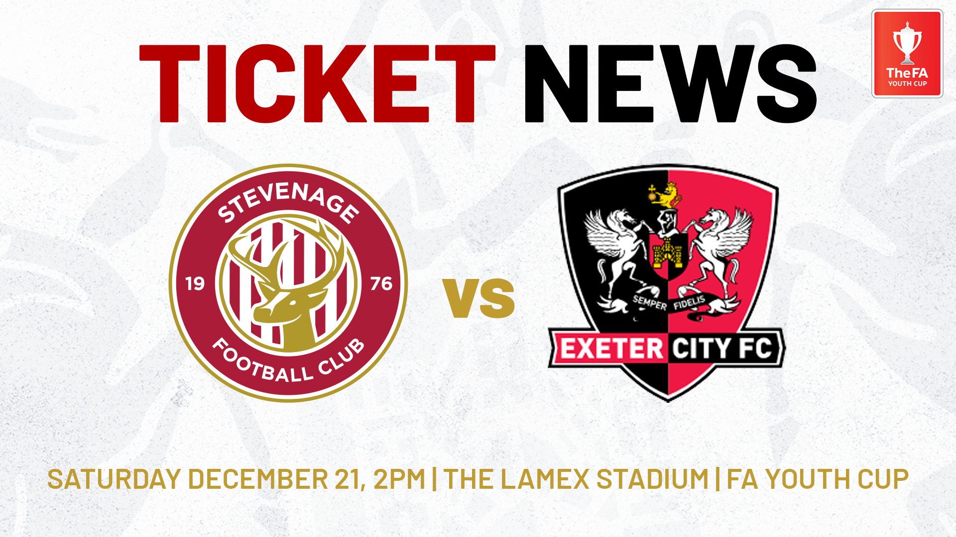 Ticket News graphic for Stevenage in the FA Youth Cup on December 21 2024, 2pm kickoff at the Lamex Stadium