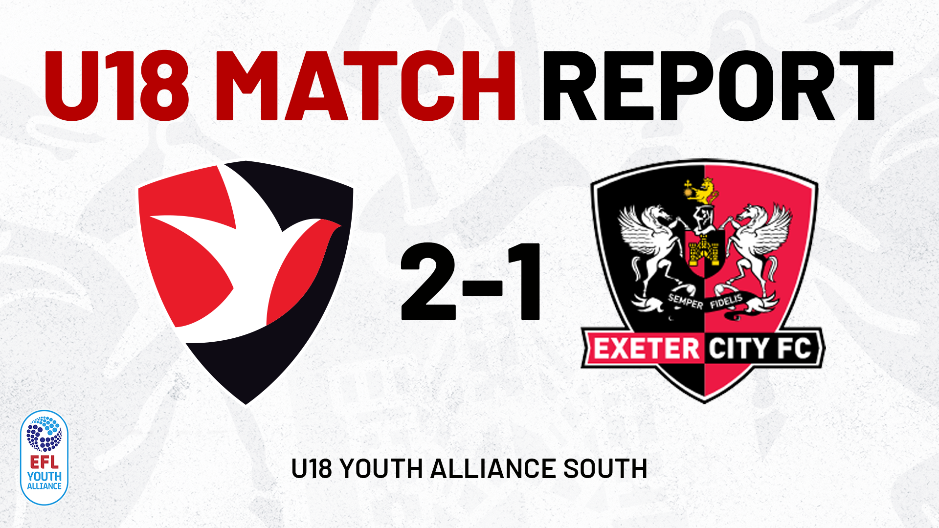 Graphic indicating this is a match report - U18 Match Report for Cheltenham Town 2-1 Exeter City in the U18 Youth Alliance South