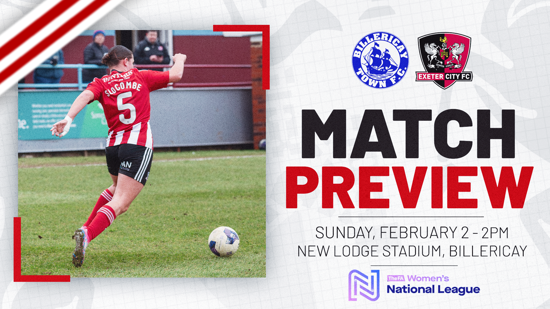 Women's Match Preview graphic for Billericay Town (A) on Sunday 2 February at 2pm at the New Lodge Stadium