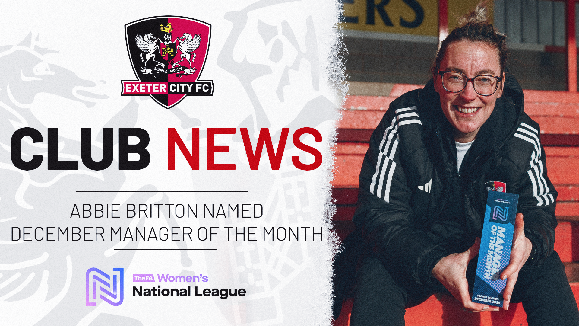 Club news graphic for Abbie Britton winning December FAWNL manager of the month award