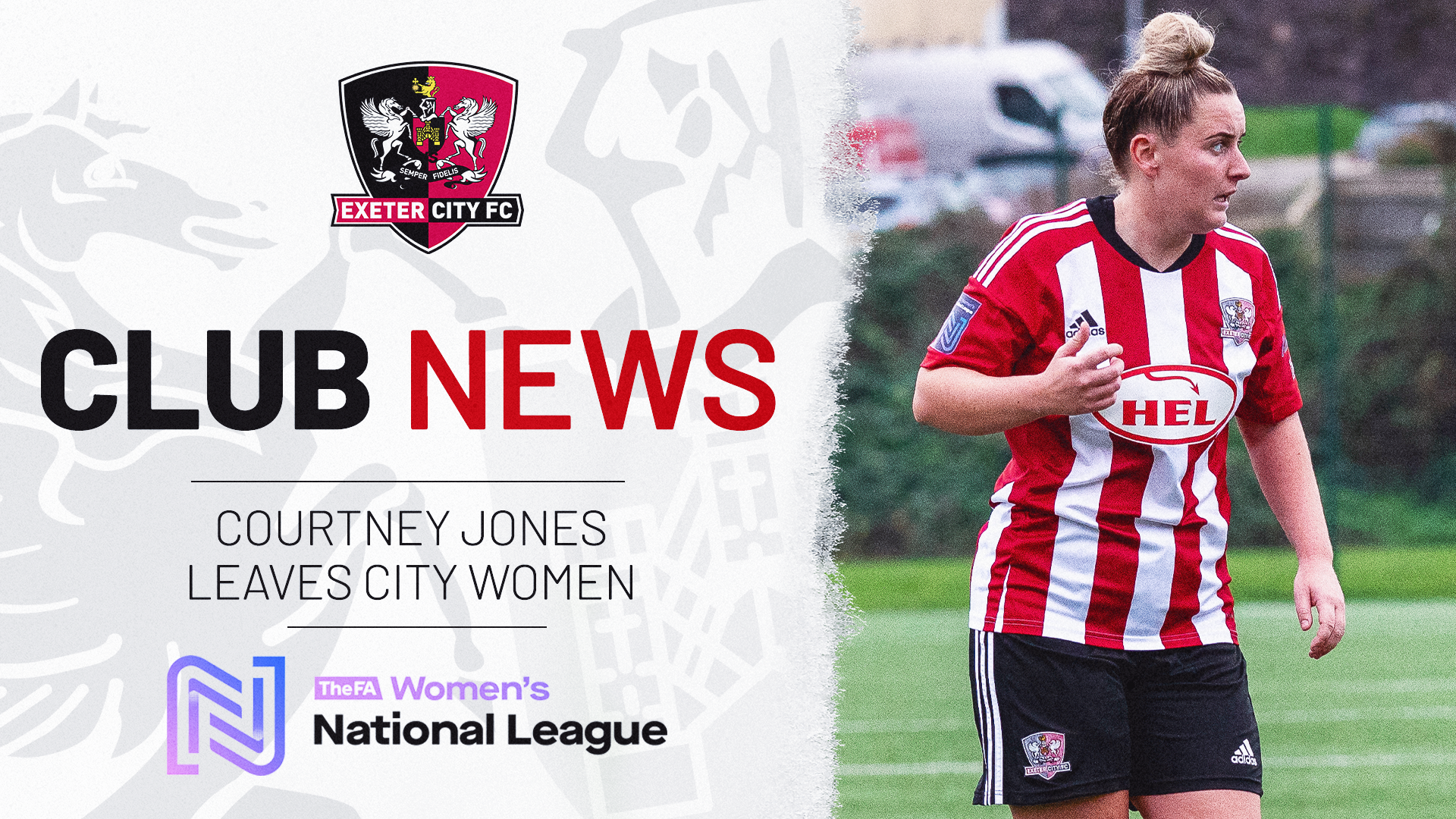 Club news graphic. Text reads: CLUB NEWS / COURTNEY JONES LEAVES CITY WOMEN. Image on the right of Courtney Jones in her red and white home kit.