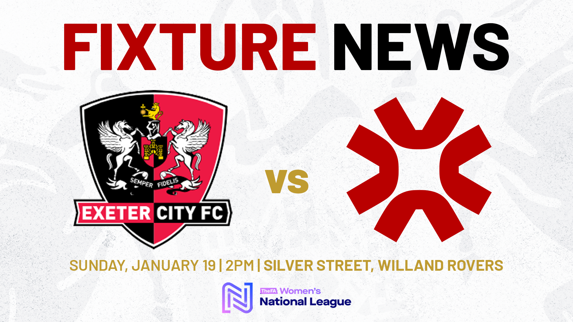 Fixture News graphic for Exeter City Women v Gwalia United. The match has been moved to Silver Street, home of Willand Rovers, on January 19, 2pm kick-off.