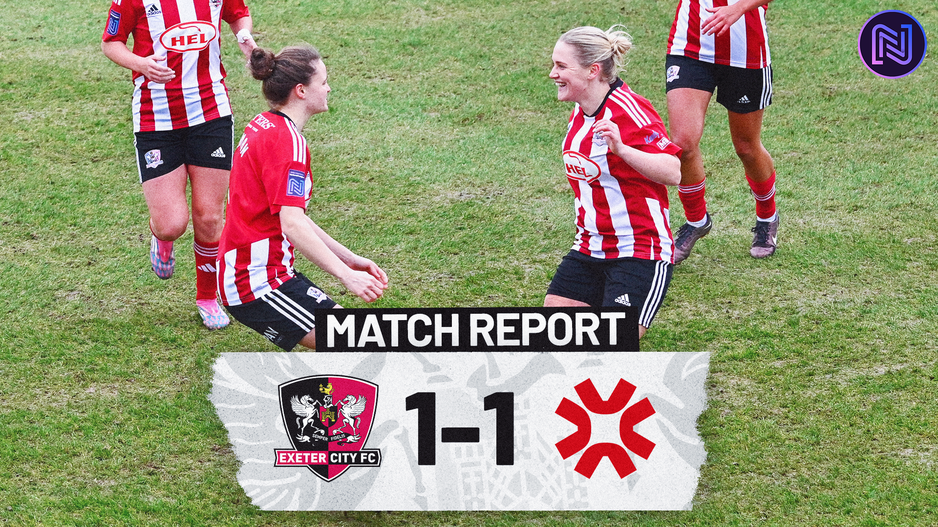 Match Report graphic for Exeter City Women 1-1 Gwalia United Women in the Women's National League. Image shows Mollie Taylor celebrating with Jaydee Seaman