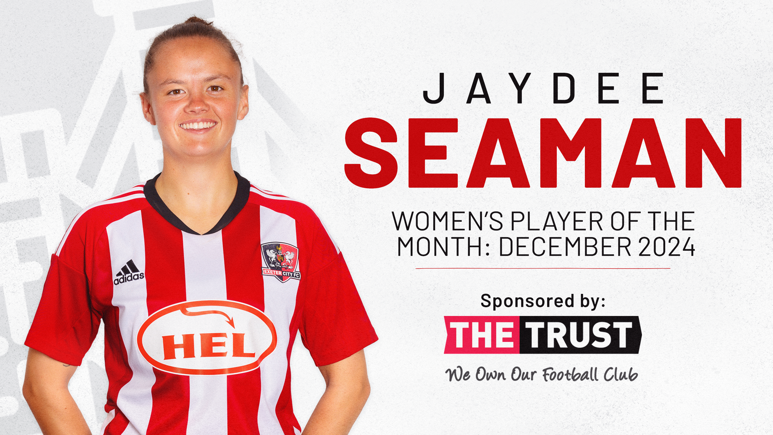 Graphic for Women's Player of the Month. Image shows Jaydee Seaman with her hands behind her back, as the Women's Player of the Month for December 2024