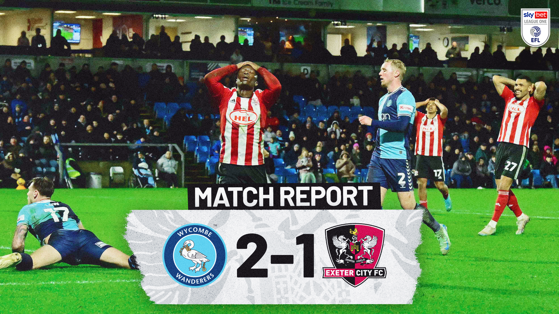 Match report graphic for Wycombe 2-1 City, image shows Vincent Harper with his head in his hands. 