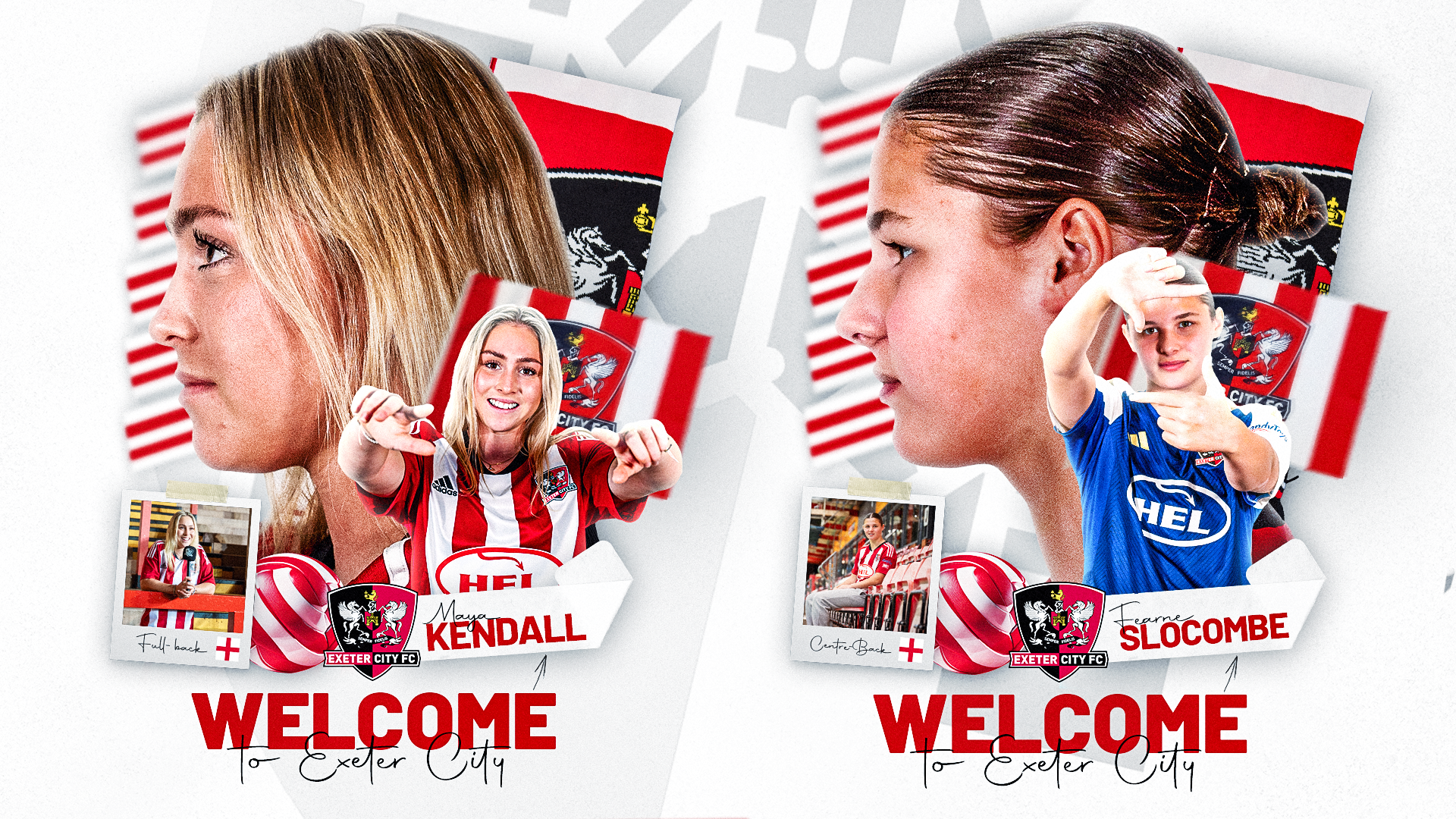 Graphic for two new signings for the women's team - Maya Kendall on the left, and Fearne Slocombe on the right. Images show their heads to the side, with smaller images of them celebrating.