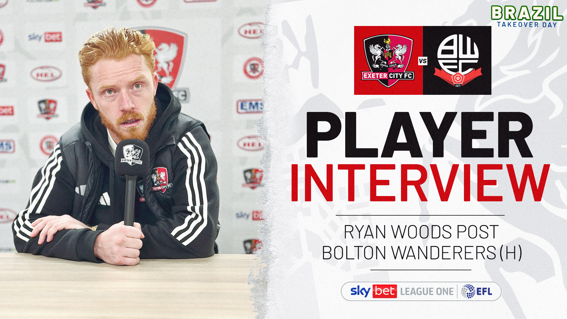 Player Interview graphic for Ryan Woods post Bolton Wanderers (H). Image of the left shows Ryan Woods speaking into a microphone being interviewed. 