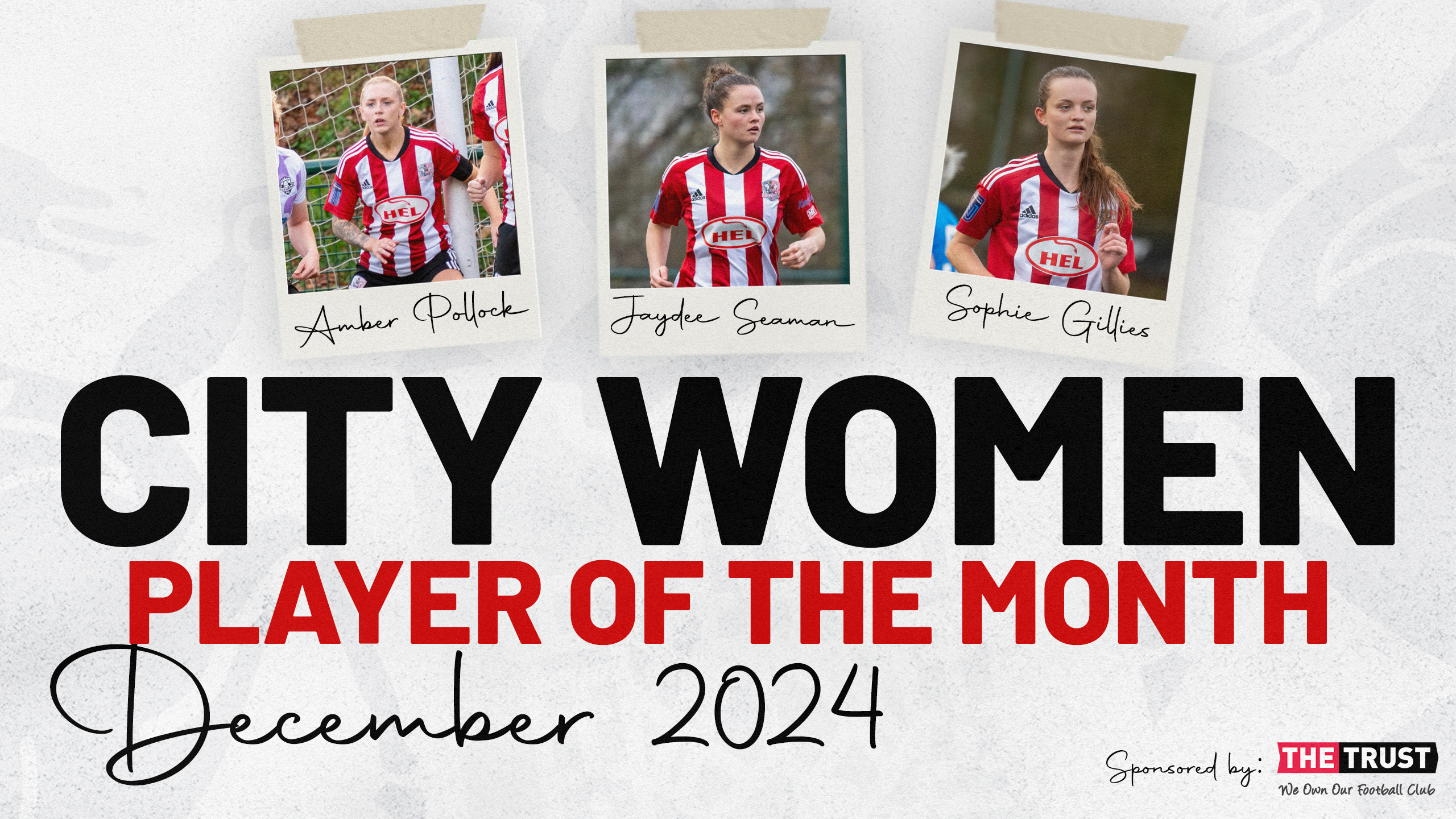 City Women Player of the Month Graphic for December 2024. Players featured are Sophie Gillies, Amber Pollock and Jaydee Seaman, as the nominated players.