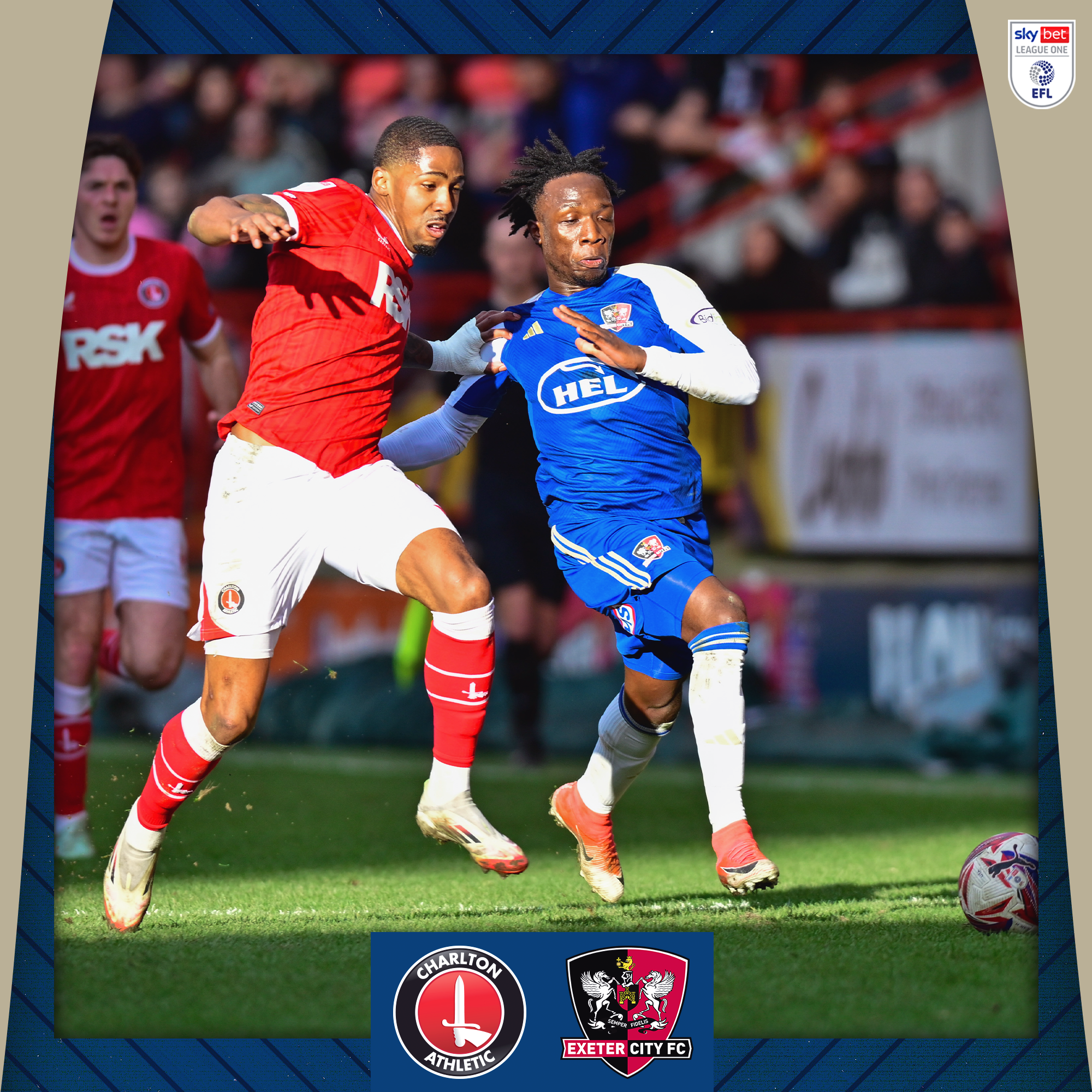 Vincent Harper, in his blue away shirt, battling for the ball with a Charlton player in the sun