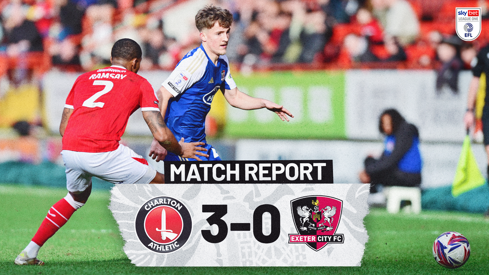 Match report graphic for Charlton Athletic 3-0 Exeter City, image shows Jake Richards passing the ball