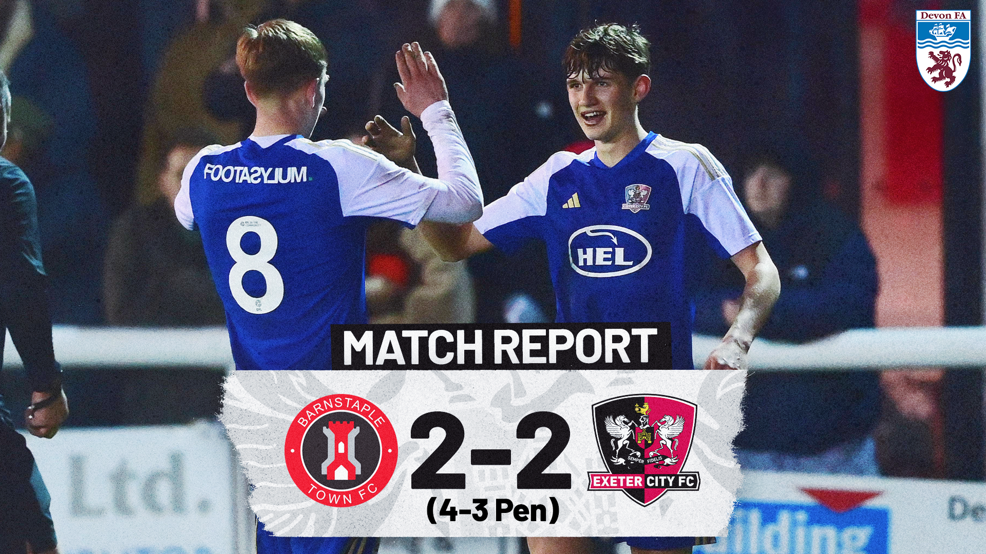 Match report graphic for Exeter City 2-2 barnstaple town (3-4 pen) in the Devon St Luke's Bowl