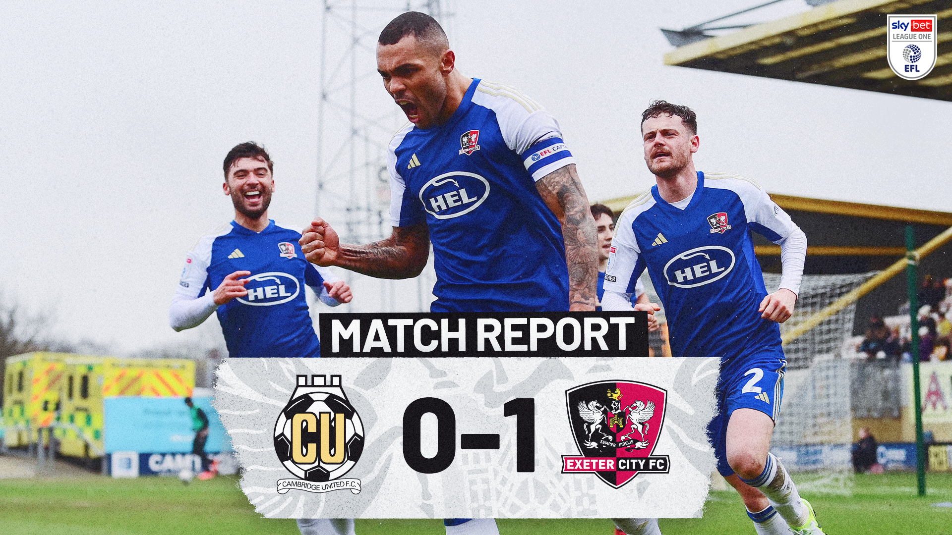 Match report graphic for Cambridge United 0-1 Exeter City. Image shows Josh Magennis celebrating with Reece Cole and Jack McMillan in the background