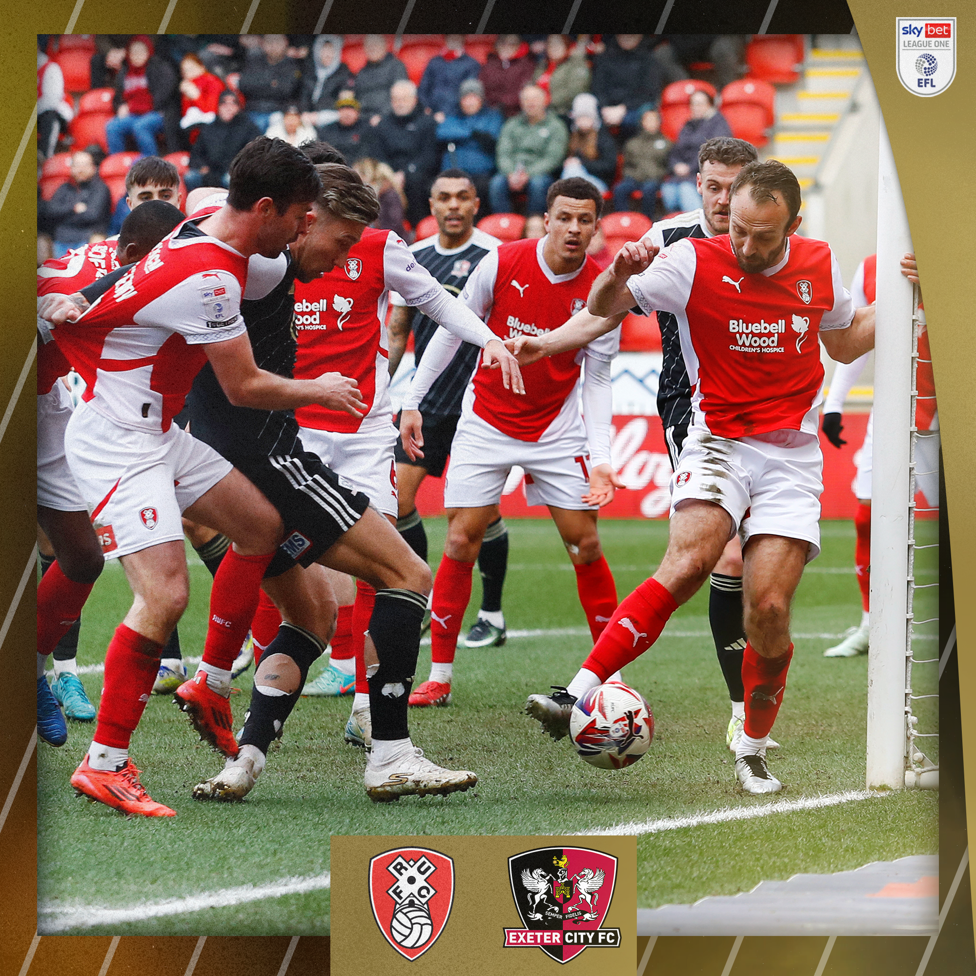 Angus MacDonald hitting the post for Exeter City, in his black kit, against Rotherham United