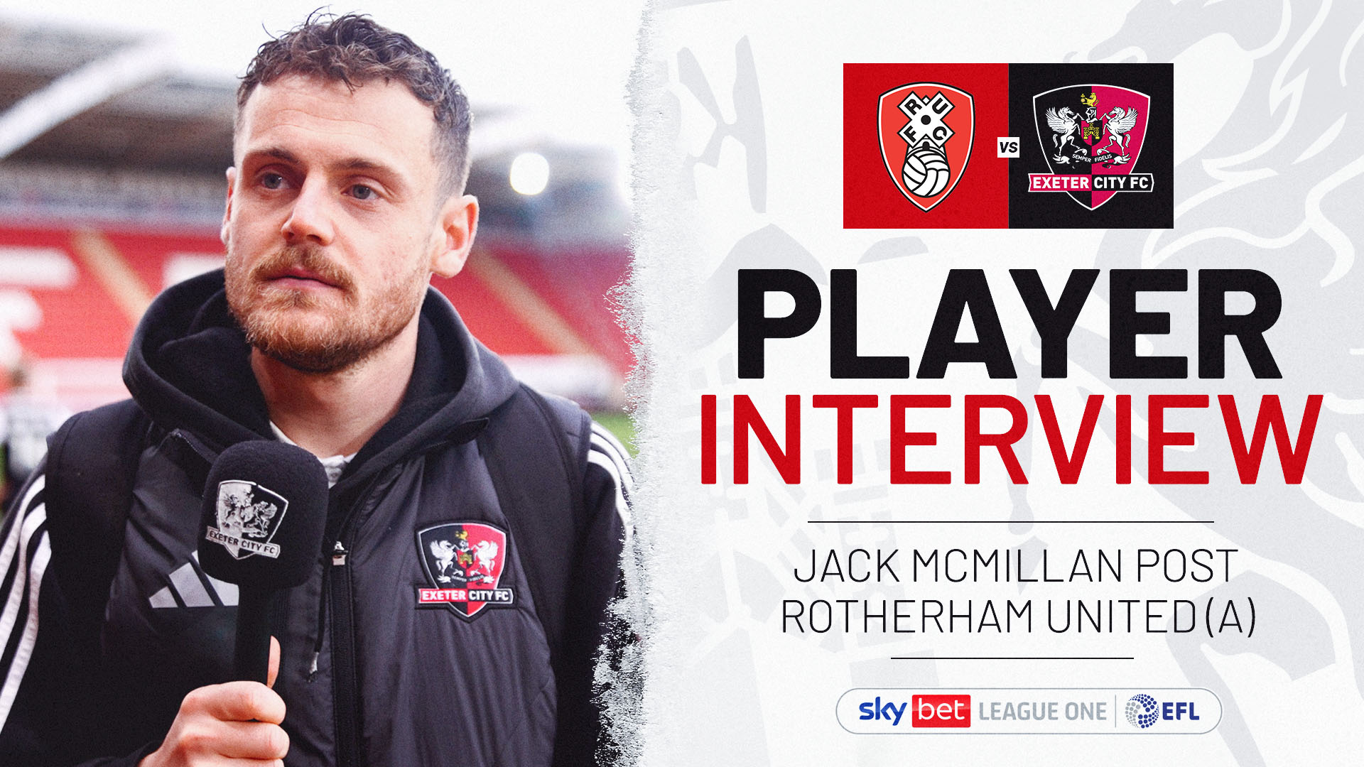 Player interview graphic for jack McMillan post Rotherham United (A)