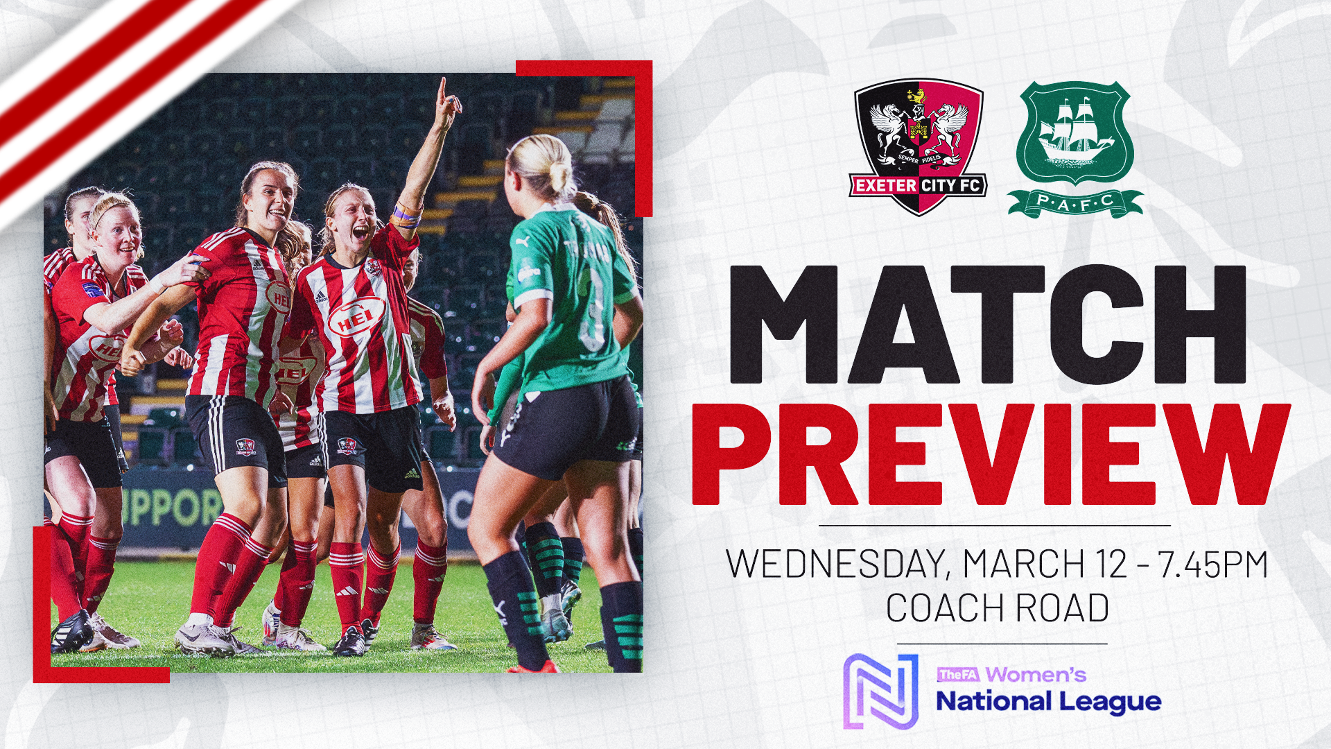 Match Preview graphic for Exeter City Women v Plymouth Argyle on Wednesday, March 12 - 7.45pm, at Coach Road