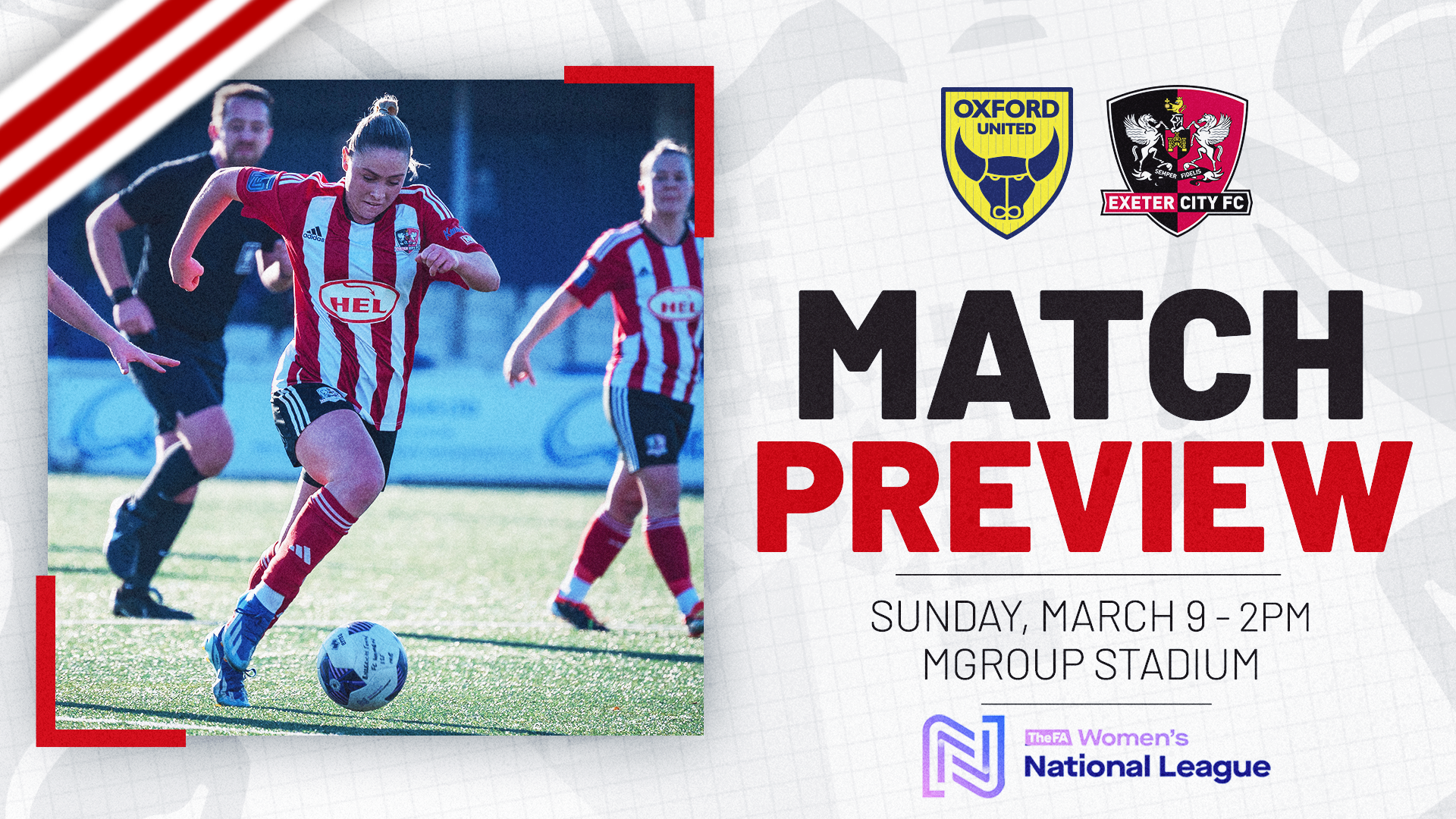 MATCH PREVIEW GRAPHIC FOR Exeter City Women's away game at Oxford United on Sunday, March 9 - 2pm at the MGroup Stadium