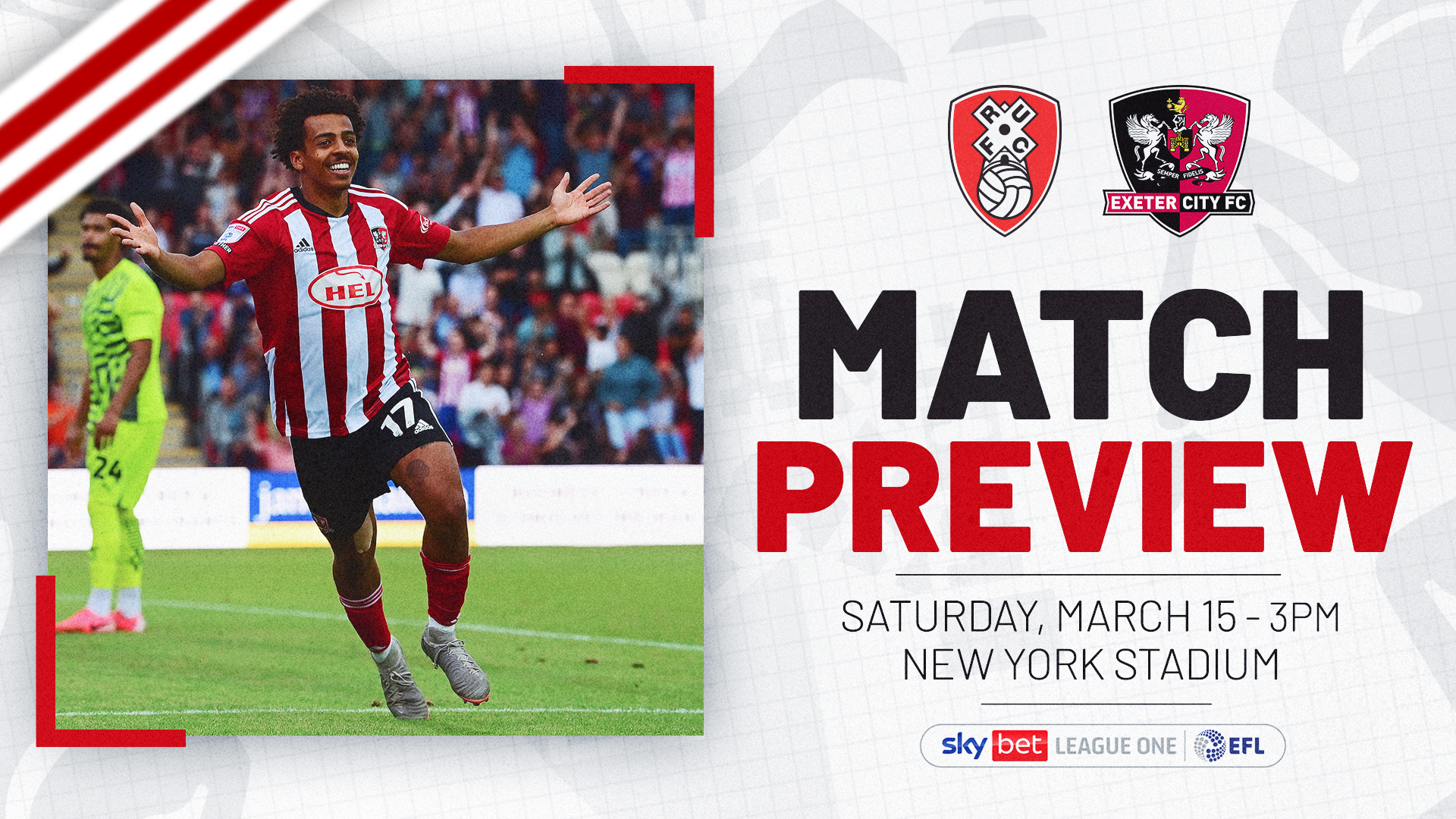 Match preview graphic for Rotherham United v Exeter City on Saturday, March 15, 3pm at the New York Stadium