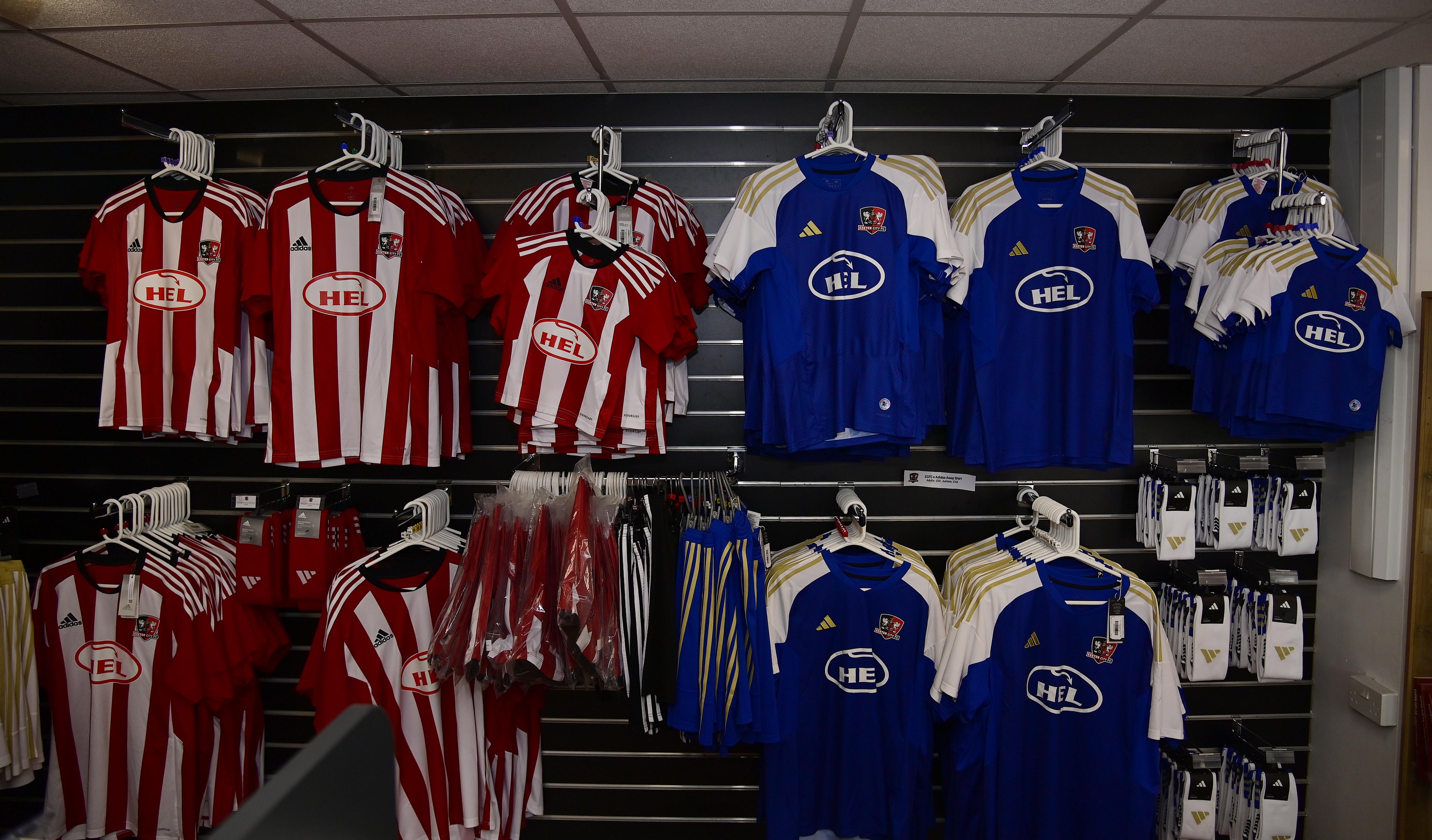 General view of the club shop with home and away shirts on sale