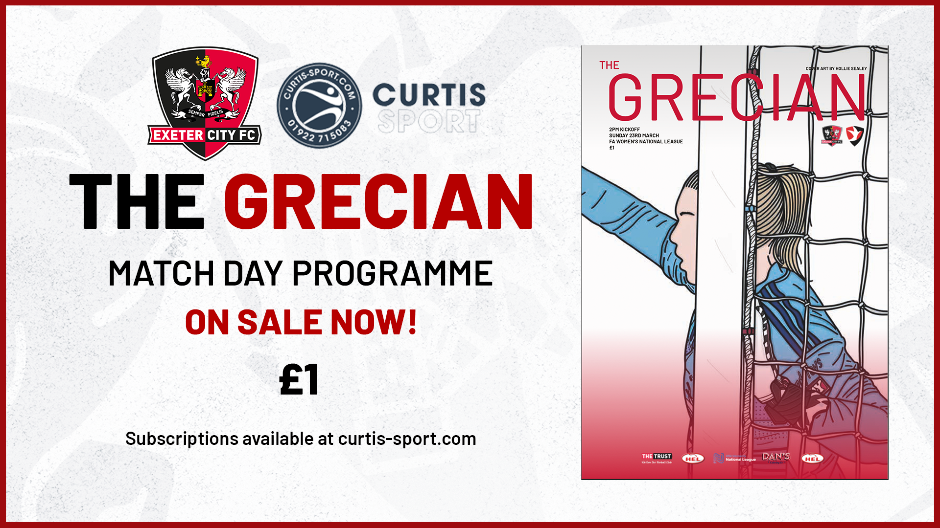 The Grecian Match Day programme promo graphic, stating how the Cheltenham edition is on sale now for £1, and subscriptions are available at Curtis-sport.com