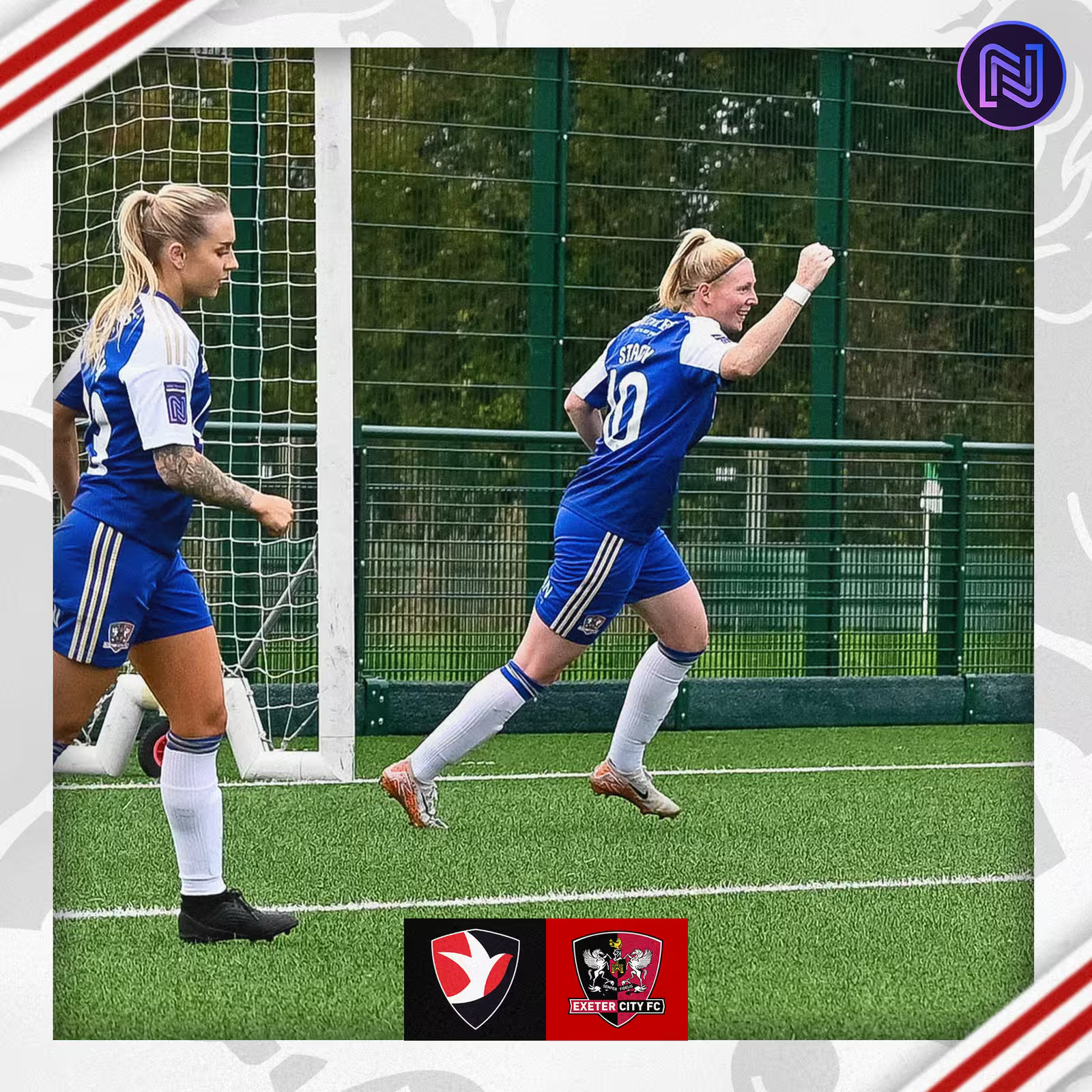 Sarah Stacey celebrating her goal against Cheltenham Town women in her all blue away kit.