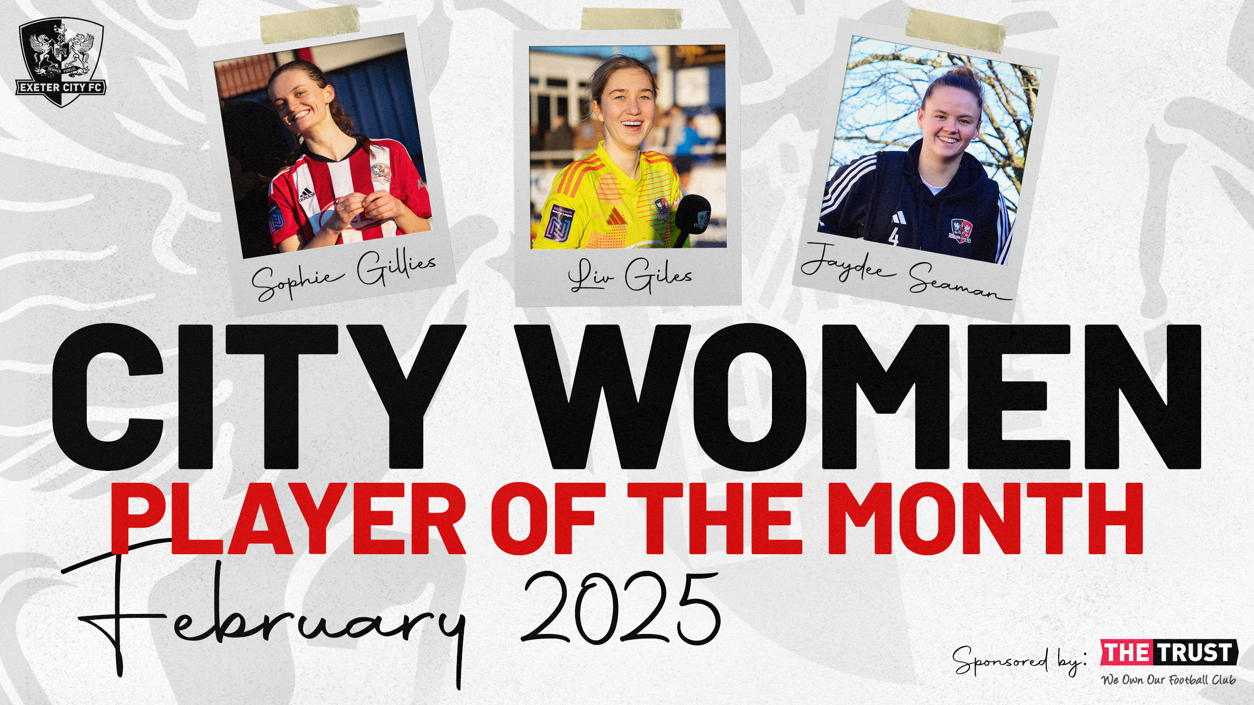 Graphic for City Women's Player of the Month for February 2025, with Sophie Gillies, Liv Giles and Jaydee Seaman nominated