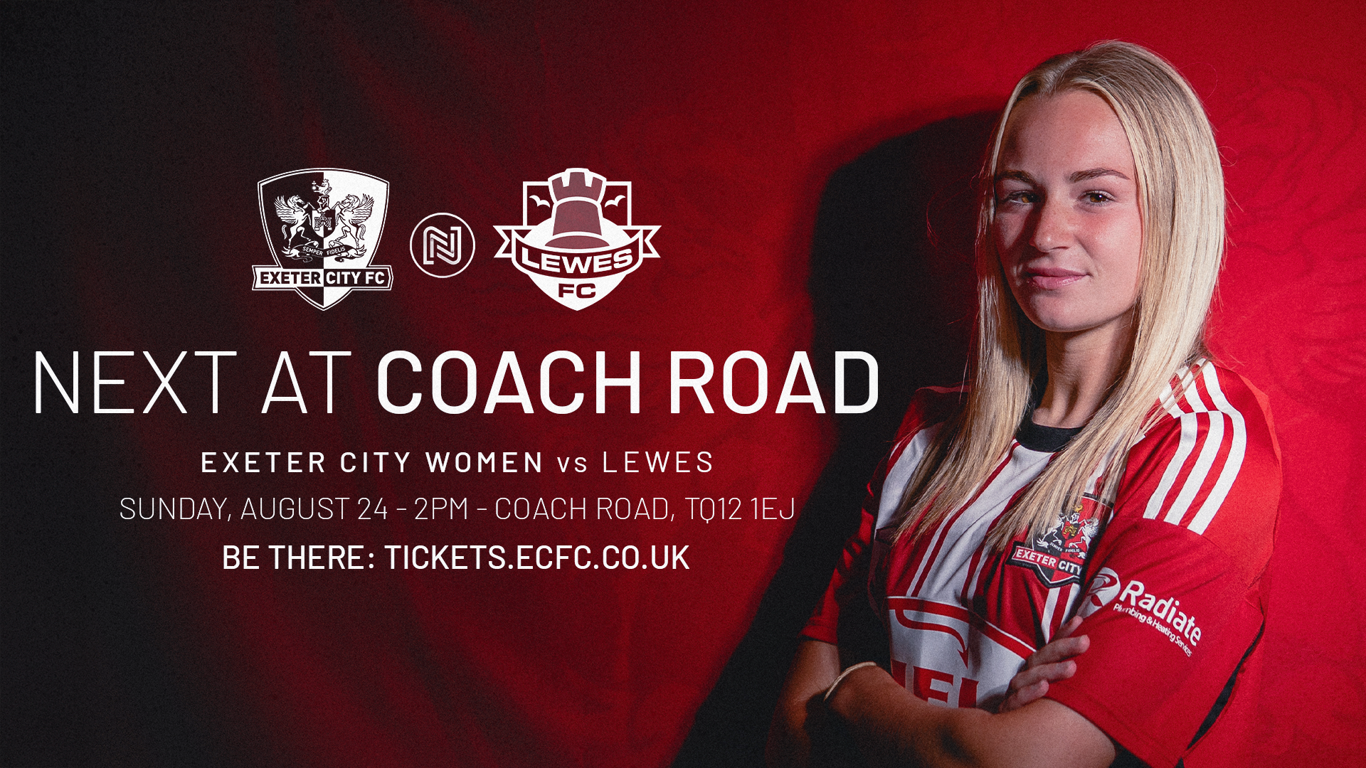 Next at Coach Road banner - Exeter City Women vs Lewes - Sunday, August 24 - BE THERE: TICKETS.ECFC.CO.UK