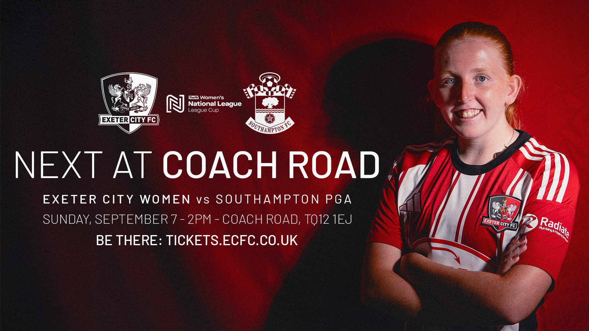 Graphic stating next up at Coach Road is Exeter City Women vs Southampton PGA on Sunday, September 7, at 2pm