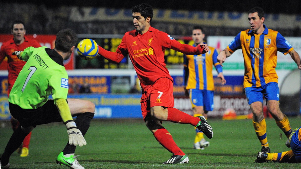 Luis Suarez for Liverpool against Mansfield