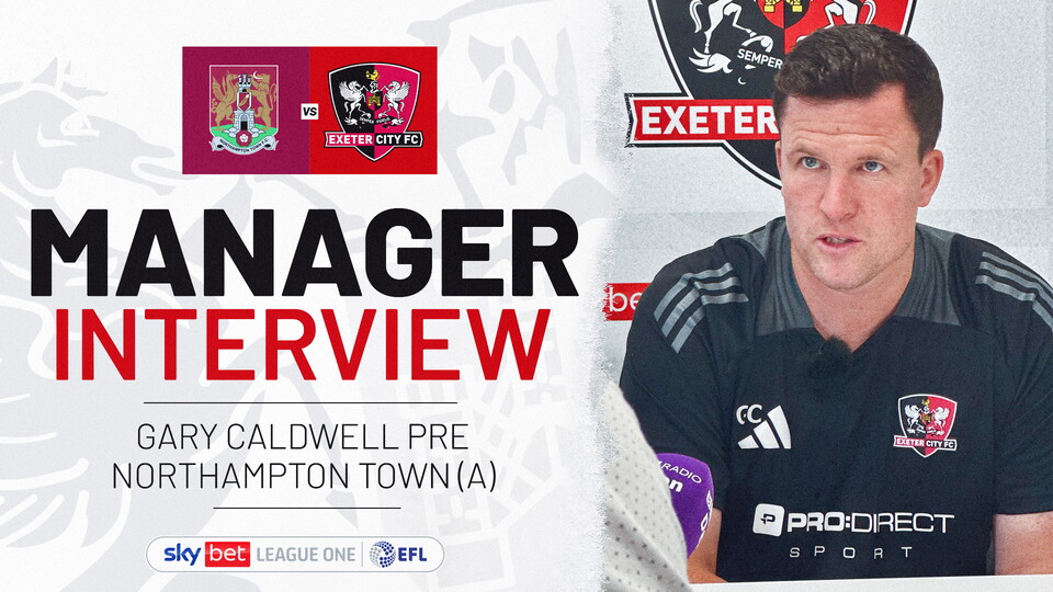 Manager Interview graphic. On the right a photo of Gary Caldwell, wearing a black ECFC training shirt, being interviewed, and on the left is text reading: MANAGER INTERVIEW / GARY CALDWELL PRE NORTHAMPTON TOWN (A)