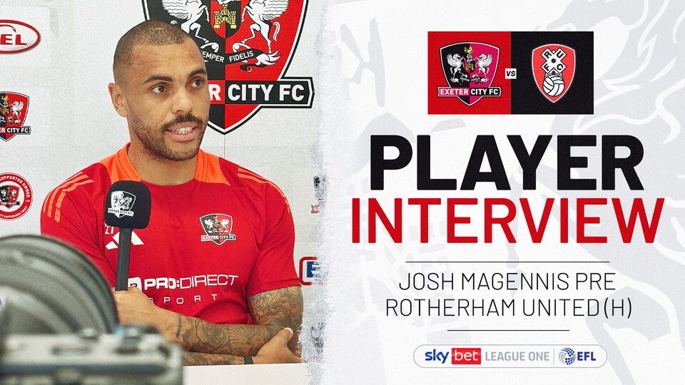 Interview graphic. On the left is a picture of Josh Magennis talking into a microphone. On the right is written graphic, saying: PLAYER INTERVIEW / JOSH MAGENNIS PRE ROTHERHAM UNITED (H)