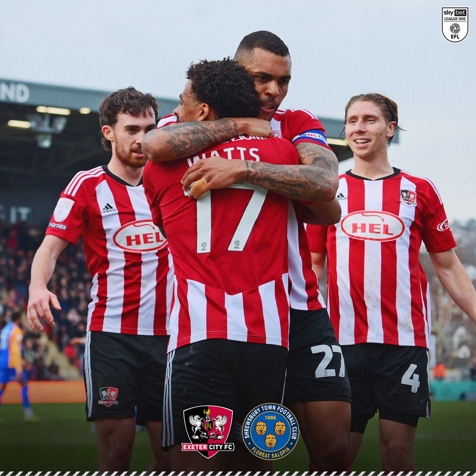 Caleb Watts celebrating the opening goal with Ed Francis, Josh Magennis and Alex Hartridge