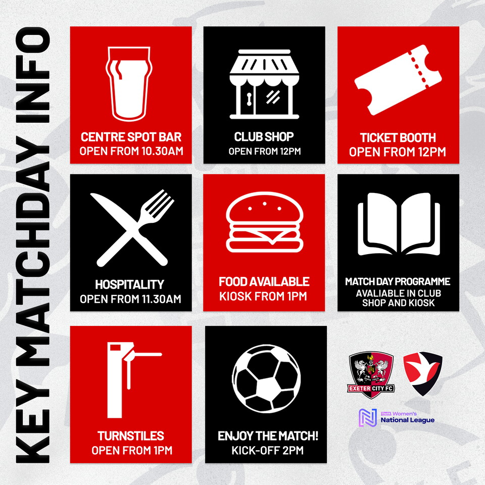Key matchday info graphic for Exeter City Women v Cheltenham Town Women at St James Park on Sunday, March 23