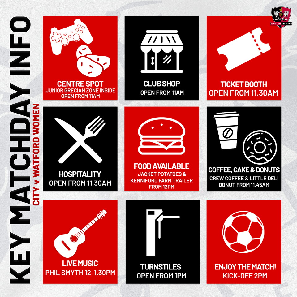 Key matchday info timings graphic for Exeter City Women v Watford