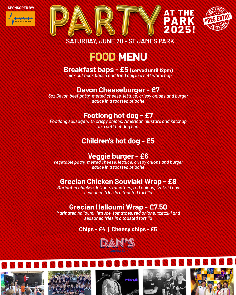 Food menu for Party at the Park