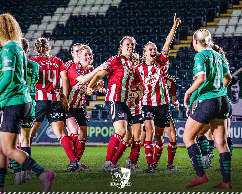 Image of City Women celebrating at Home Park after beating Argyle 3-0 last season