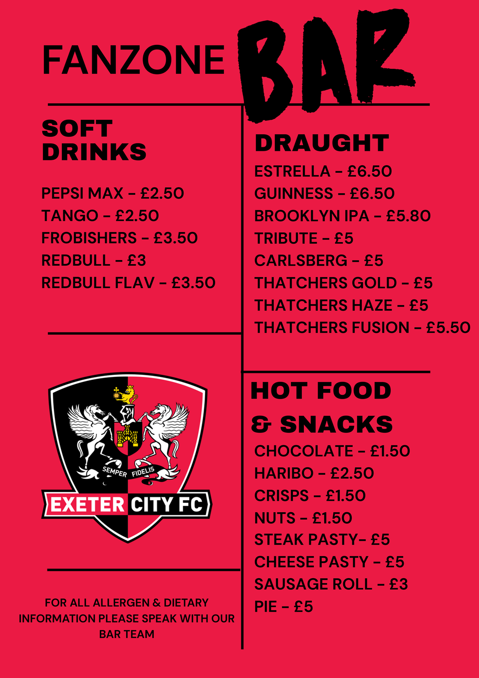 Fanzone Bar menu