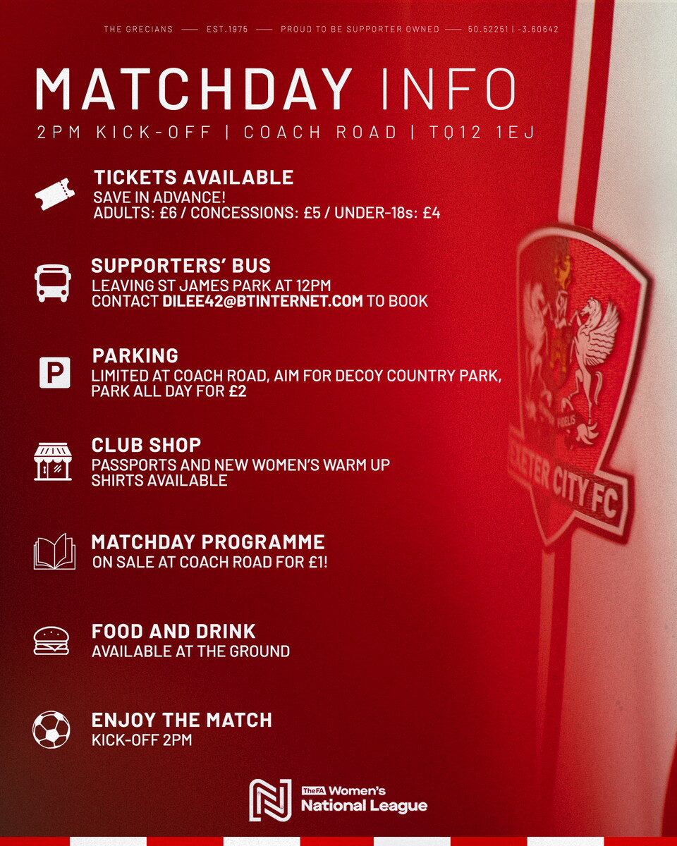 Matchday info for Sunday's Match at Coach Road - Exeter City Women v Hashtag United Women