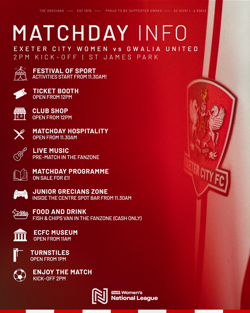 Updated matchday info for Exeter City Women vs Gwalia United