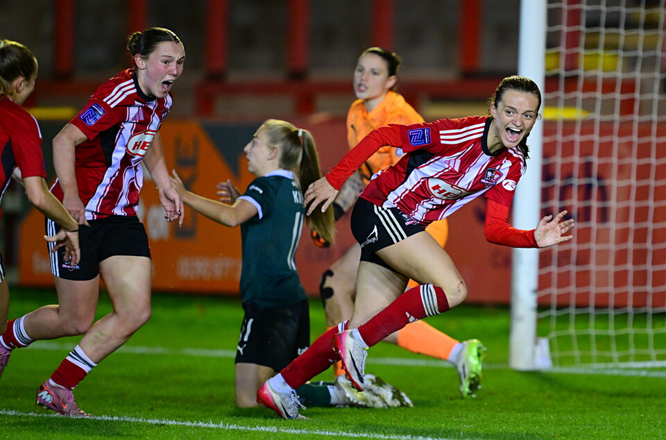 Sophie Gillies celebrating her 100th goal for Exeter City
