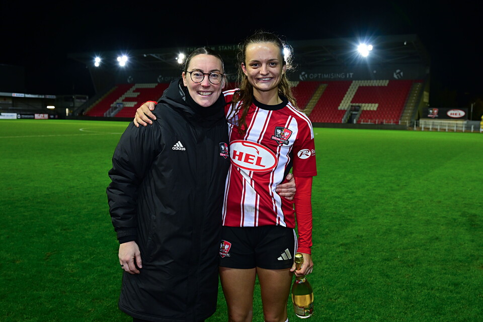 Sophie Gillies and Abbie Britton together after Sophie scored her 100th Exeter goal at St James Park