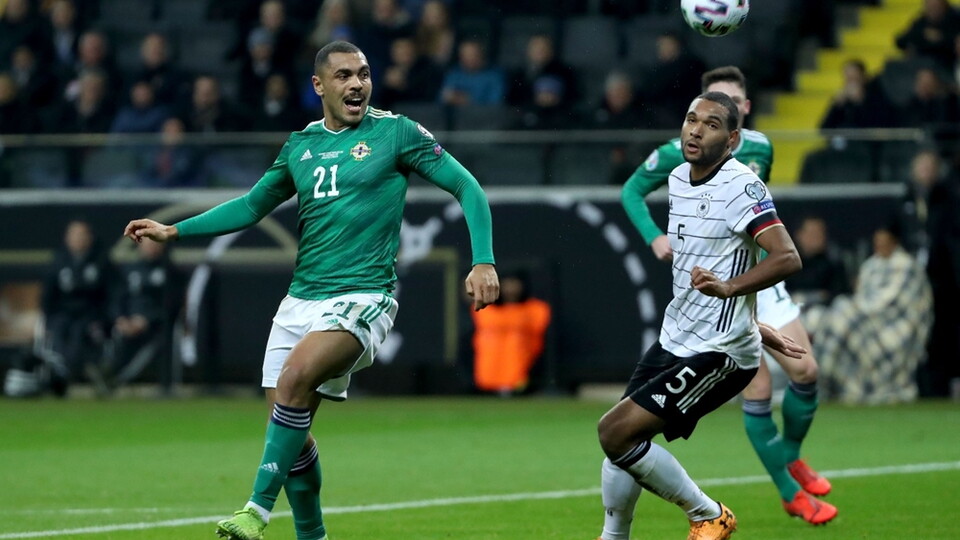 Josh Magennis playing for Northern Ireland against Germany