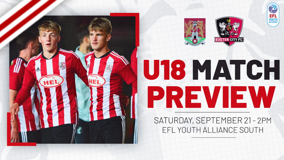 U18 Match Preview Graphic. Text reads: SATURDAY, SEPTEMBER 21 - 2PM, EFL YOUTH ALLIANCE SOUTH