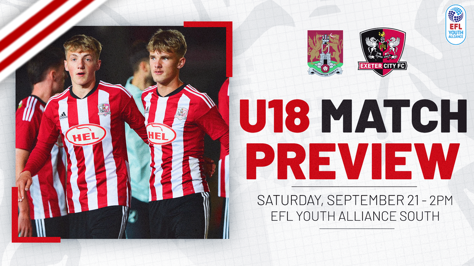 U18 Match Preview Graphic. Text reads: SATURDAY, SEPTEMBER 21 - 2PM, EFL YOUTH ALLIANCE SOUTH