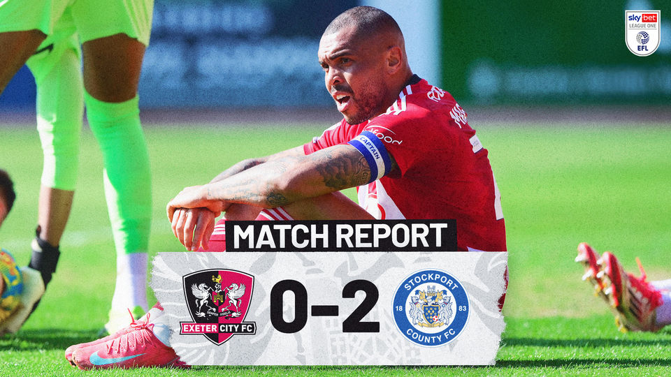 Match report graphic for Exeter City 0 Stockport County 2. Image shows Josh Magennis sat on the floor dejected