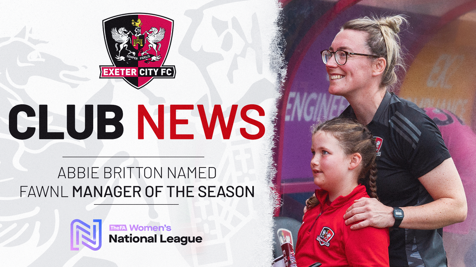 Club news graphic for Abbie Britton being named the FA Women's National League Manager of the Season