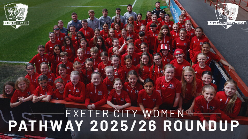 Exeter City Women Pathway Round Up graphic, image shows group of girls in the development pathway