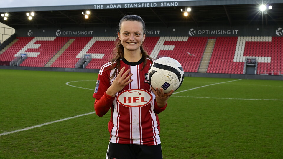 Sophie Gillies holding four fingers up after scoring four times against Billericay Town at SJP